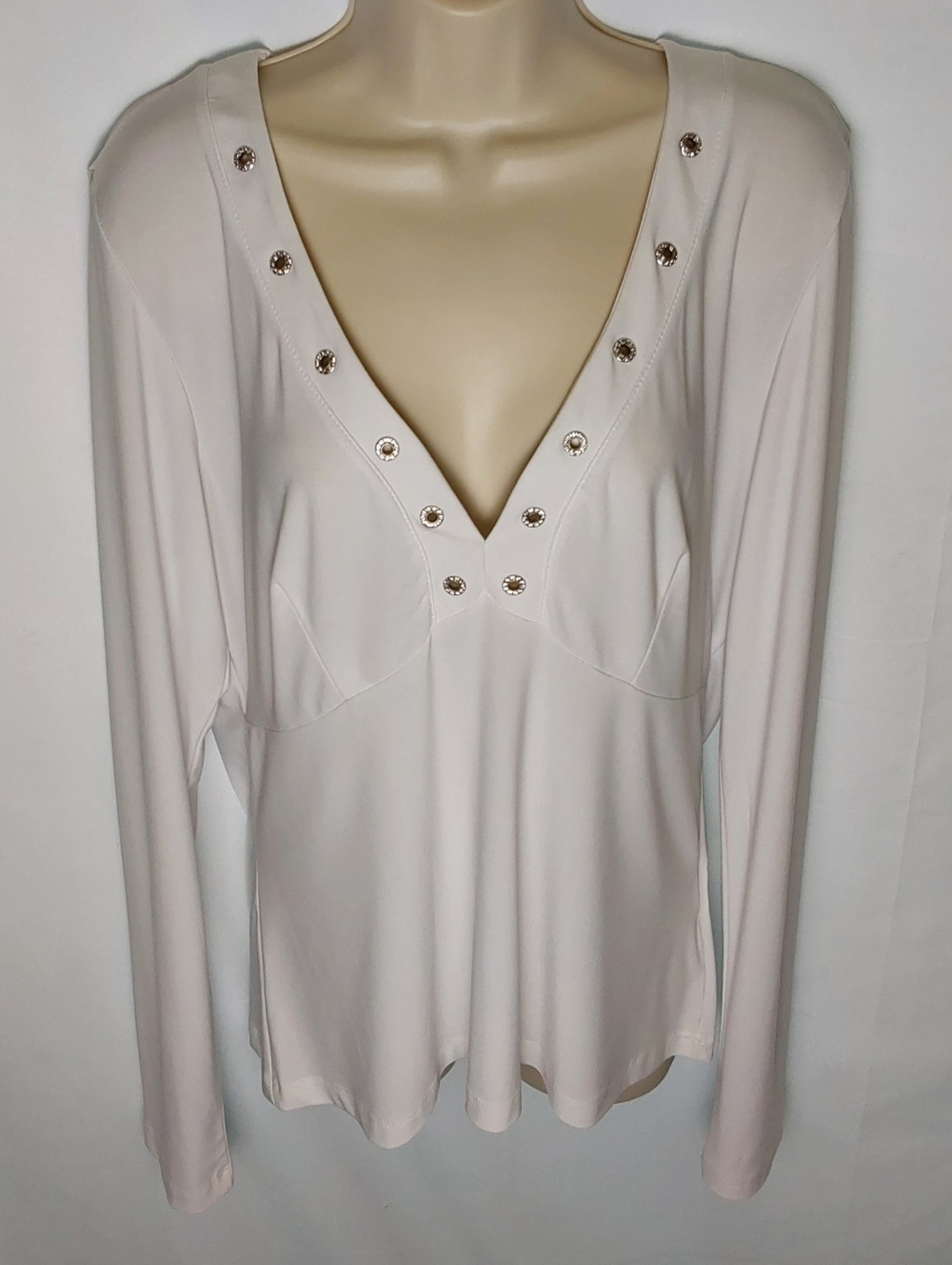 Women's White Long-Sleeve V-Neck Top with Decorative Studs